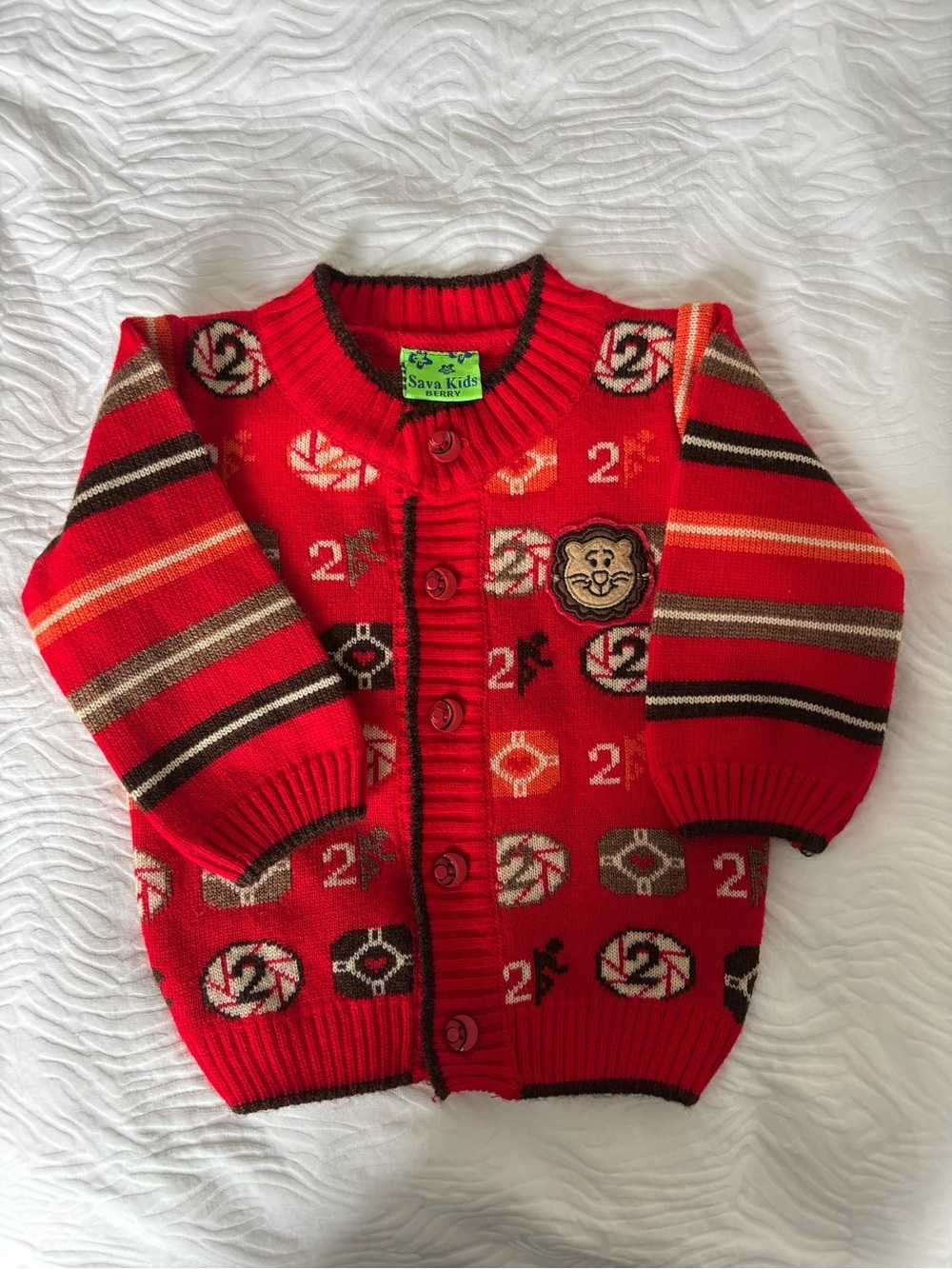 Red Patterned Button-Front Sweater